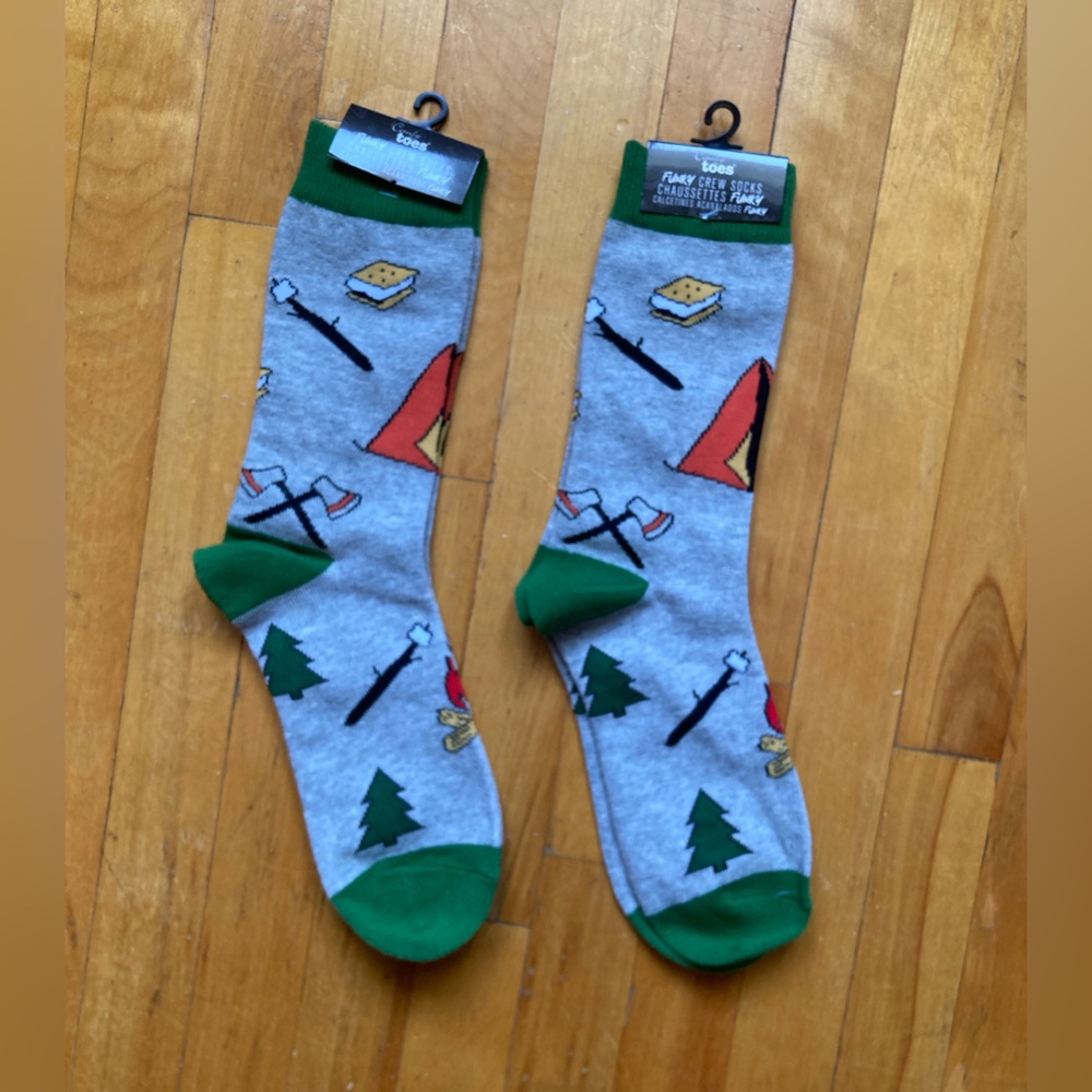 2x Let's Go Camping Gray and Green Patterned Socks